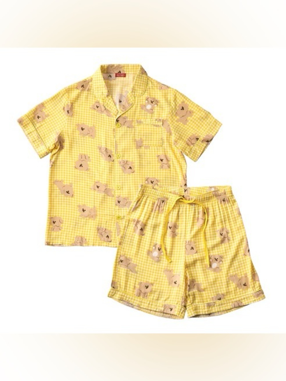 Y2K Kawaii Teddy Bear Gingham Pajama Set Butter Yellow Checkered Lounge Shorts